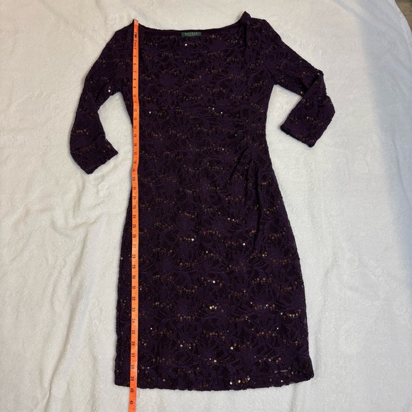 Lauren Ralph Lauren Dark Purple Lace Sequin Cowl-Neck Sheath Dress Sz 8 - Picture 8 of 15